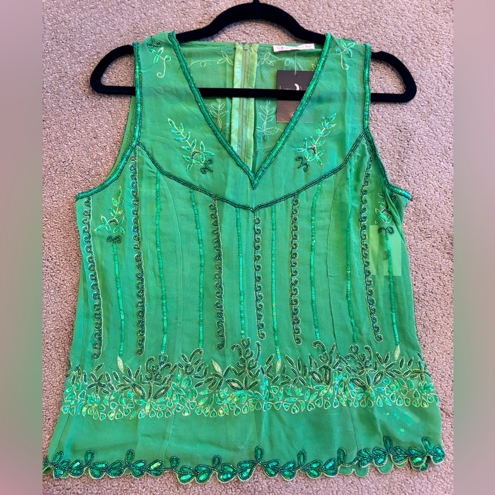 Gold Hawk Green Silk Beaded Top size Large NWT